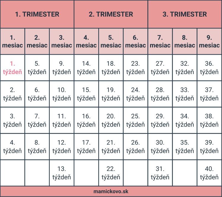 1. týždeň tehotenstva tabuľka